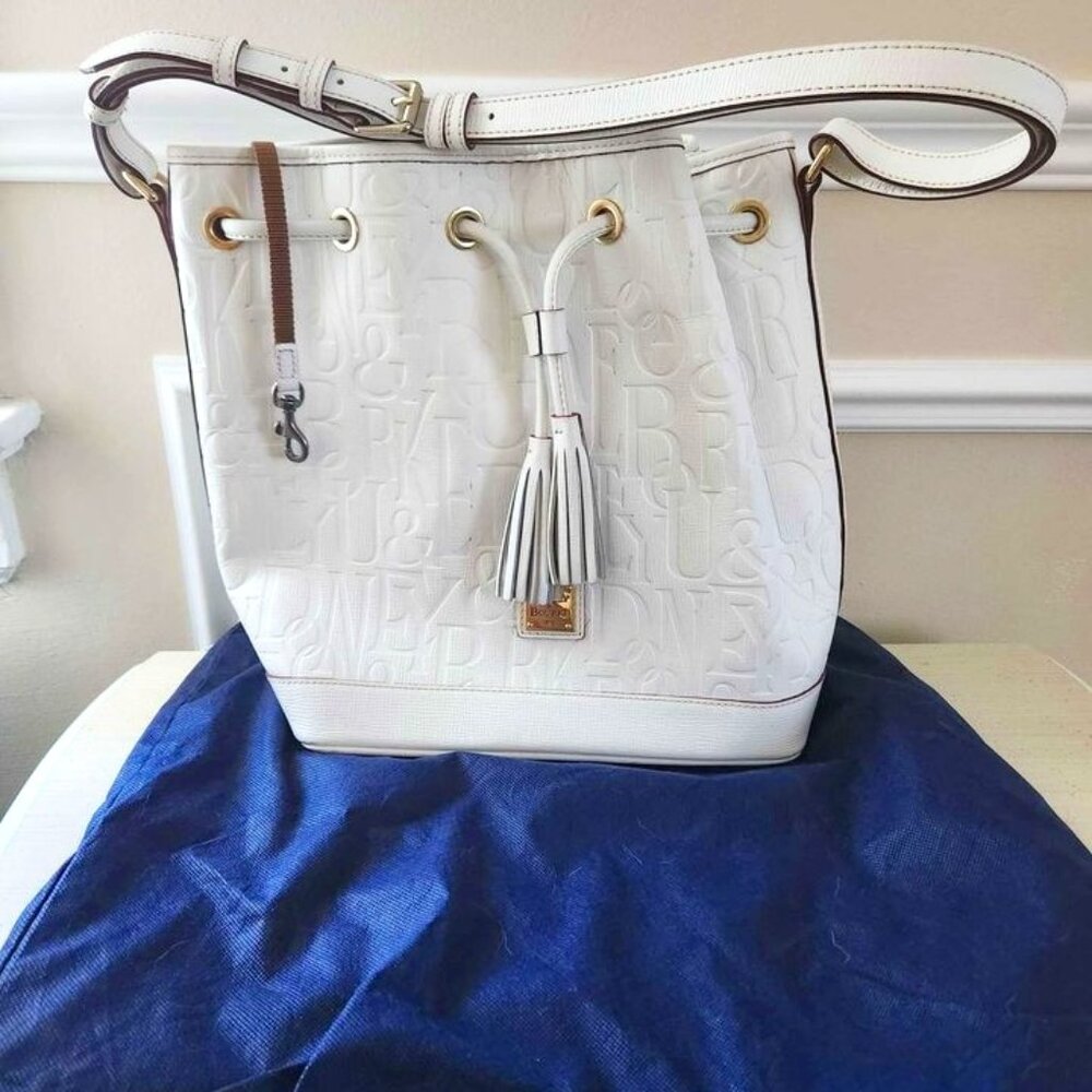 Vintage Dooney & Bourke White Monogram Leather Bucket Bag
